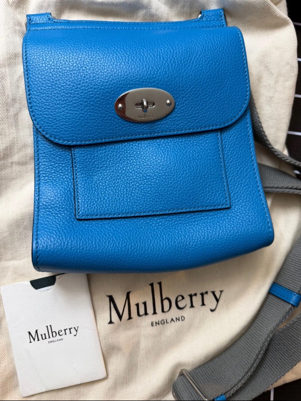 Mulberry Blue Pebbled Leather Crossbody Bag with Silver Turn-Lock